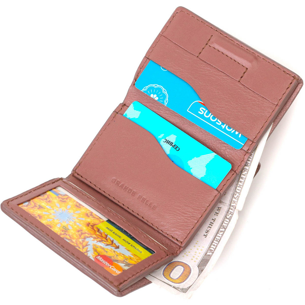 Вертикальное небольшое женское портмоне в три сложения GRANDE PELLE 16784 Пудровый Киев - изображение 7