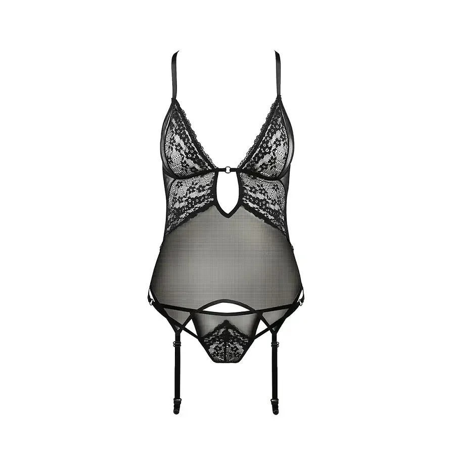 Корсет з декольте Passion ERZA CORSET XXL/XXXL, black, пажі, трусики, напівпрозорий Львів - фото 3