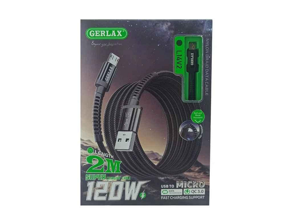 Кабель USB - microUSB L14V2 6А OD4.0 FAST CHARGE чорний 2м ТМ GERLAX Київ - фото 1