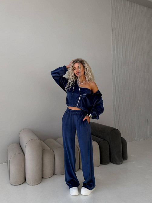 Жіночий велюровий костюм-трійка: кофта корсет і штани Синій, 42/46 Одеса - фото 10