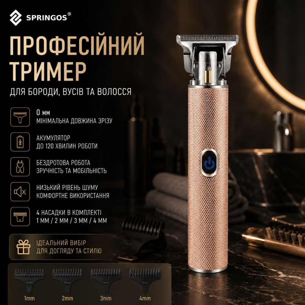 Акумуляторний тример для бороди та вус професійний машинка для стрижки волосся 0 мм Springos з 4 насадками Київ - фото 1