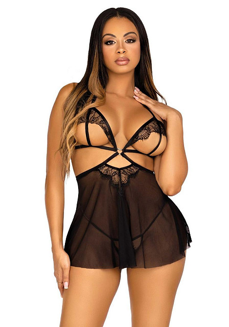 Сорочка беби-долл с открытыми чашками Leg Avenue Lace and mesh babydoll & panty Black L, стринги Sex Aura Киев - изображение 1