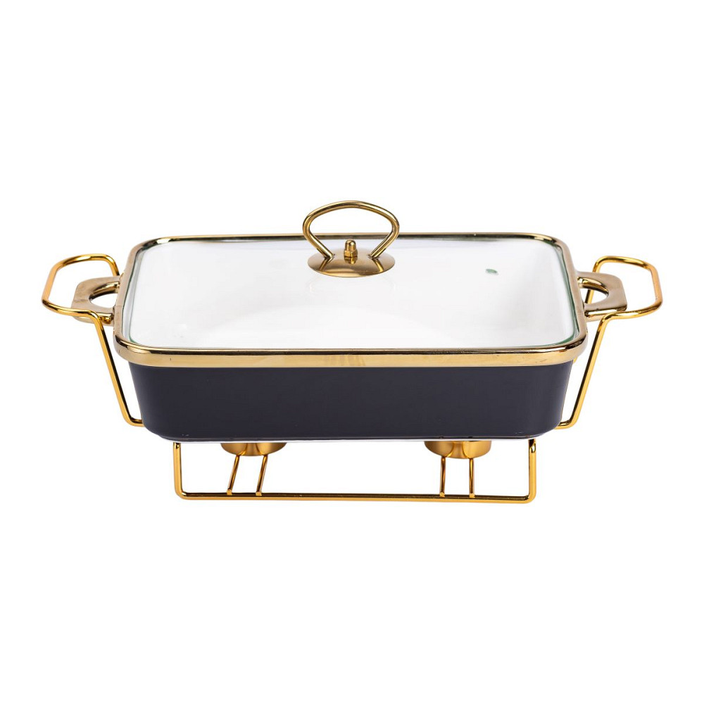 Yiwu Марміт порцелянаовий зі скляною кришкою 35.5х19х15.5 см на металевій підставці 1,5 л Чорни Коломия - фото 1