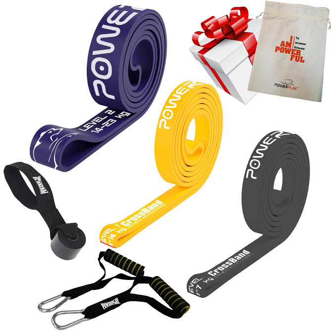 Еспандер-петля (гумові петлі) PowerPlay PP_0020 набір 3шт. опір 2-23кг. (сумарно 44кг.) + ручки та якір Кам'янське - фото 1
