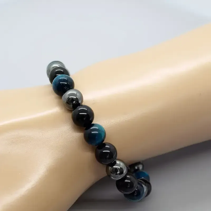 Браслет из гематита, обсидиана и тигрового глаза - черный и синий, 19 см Киев - изображение 5