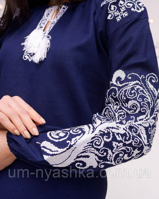 Натуральне лляне плаття вишиванка жіноча темно-синя блуза з вишивкою "Дерево життя" р.ХЛ-3ХЛ Кривий Ріг - фото 6