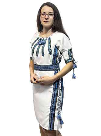 Жіноча вишита національна сукня з регулюючою шнурівкою по боках з синім орнаментом Київ