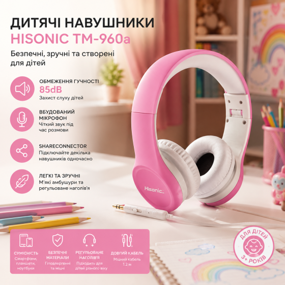 Дитячі навушники Hisonic TM-960a: обмеження гучності 85dB, мікрофон та ShareConnector, рожеві Київ