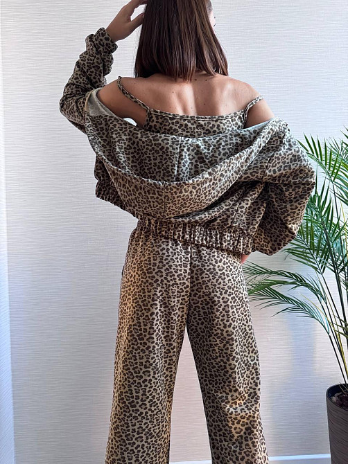 Жіночий леопардовий костюм-трійка з подвійним капюшоном двонитка Коричневий, 46/48 Одеса - фото 9