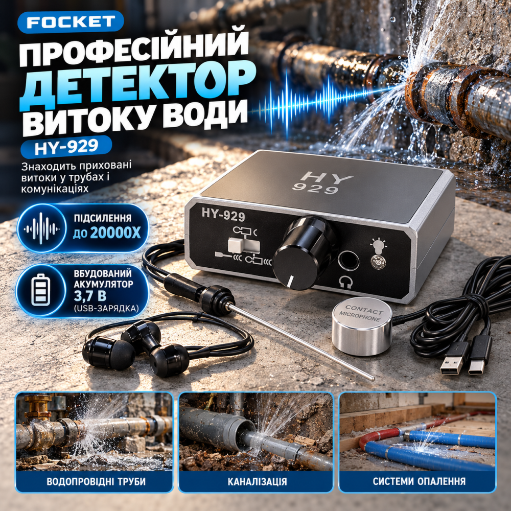 Професійний акустичний детектор витоку води Focket HY-929, зонд, навушники, підсилення 20000X, USB Київ - фото 2