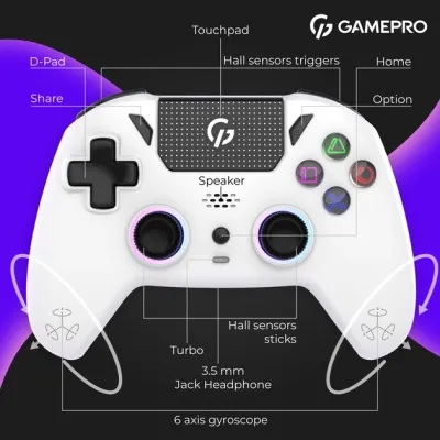 Геймпад GamePro GPS13W BT 5.3/USB/PC/iOS/Android/PS3/PS4 RGB White (GPS13W) Вінниця