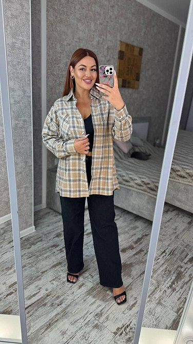 Женская оверсайз рубашка в клетку турецкая фланель Беж 2, 42/48 Одесса - изображение 2