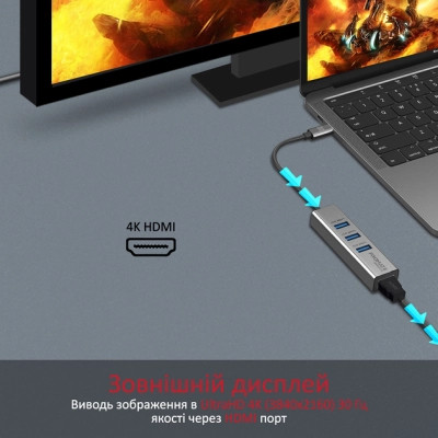 Концентратор Promate USB-C 4-in-1 порти Promate mediahub-c3.grey (mediahub-c3.grey) Винница - изображение 2