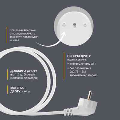 Сетевой удлинитель Electrum C-ES-1792 2.0m 5 роз, white (C-ES-1792) Винница