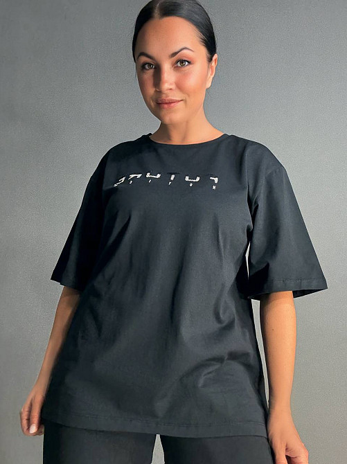 Костюм женский CAPPITONE 101183 с надписью футболка оверсайз и брюки палаццо черный, черный, M Киев - изображение 16