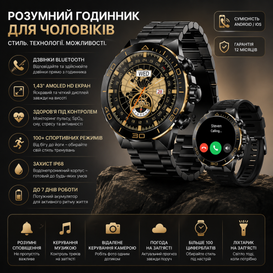 Чоловічий розумний годинник SOUYIE SM-7 Чорний смарт годинник з AMOLED екраном та дзвінками Bluetooth 2 ремінці в комплекті Київ