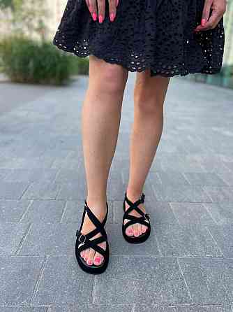 SiniorA Босоніжки замшеві жіночі чорні на низькому ходу літні / Босоніжки натуральна замша Sini Коломыя