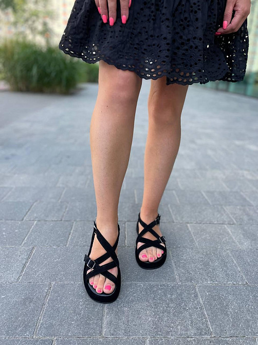 SiniorA Босоніжки замшеві жіночі чорні на низькому ходу літні / Босоніжки натуральна замша Sini Коломия - фото 5