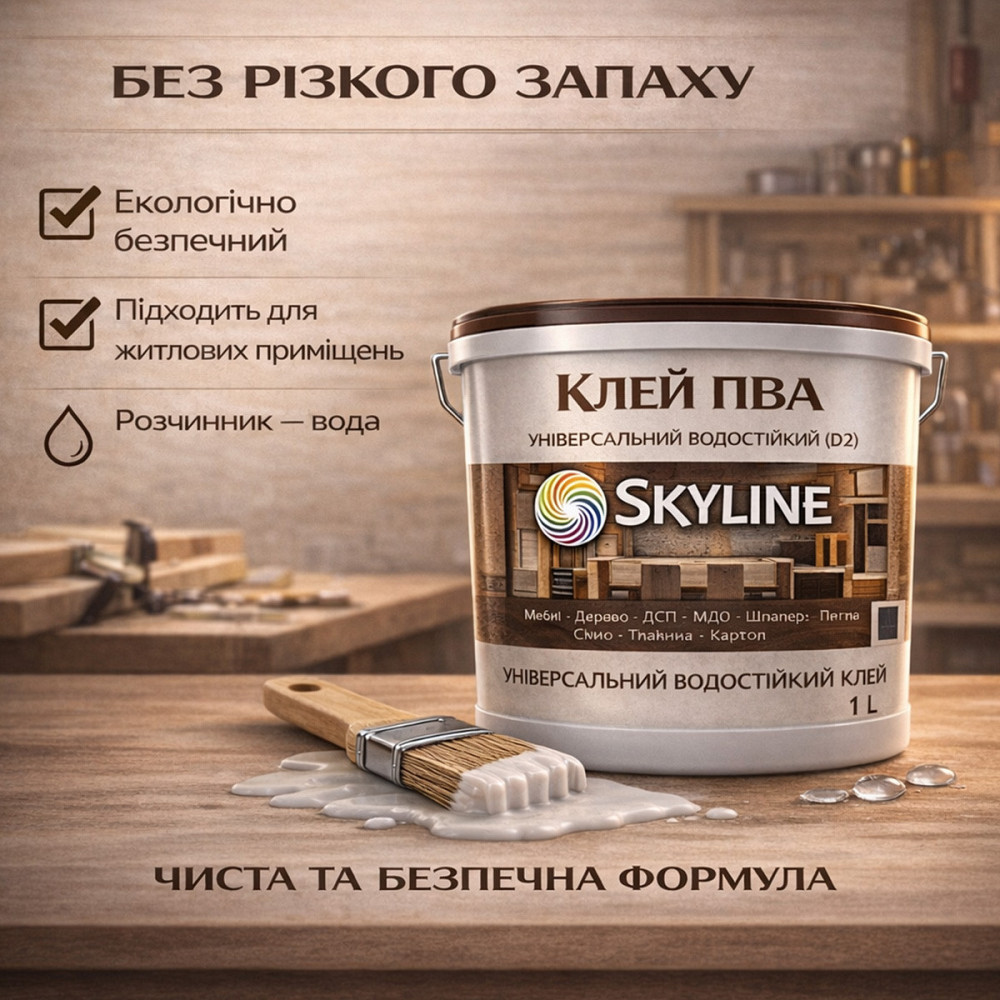 Клей ПВА D2 водостійкий SkyLine 1 кг — універсальний столярний клей для дерева, ДСП, МДФ і меблів Харків - фото 9