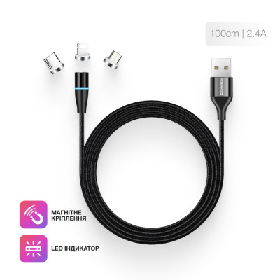 Дата кабель USB 2.0 AM to Lightning + Micro 5P + USB-C 1.0m Magnetic ColorWay (CW-CBUU038-BK) Винница - изображение 8