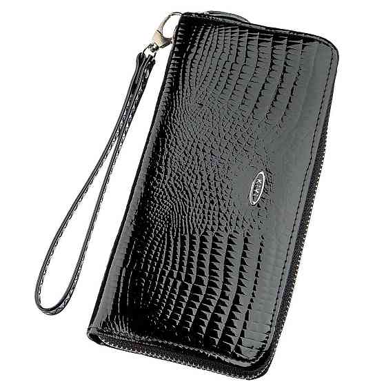 Кошелек женский на одну молнию из экокожи лаковый Черный (KIVI) Киев