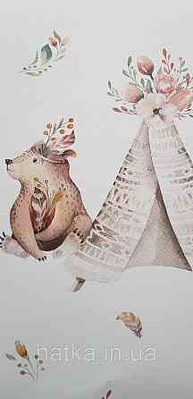 Шпалери флізелінові еко Rasch Kids World II 0.53х10 дитячі ведмедики косулі квіти намету бежеві на білому Київ