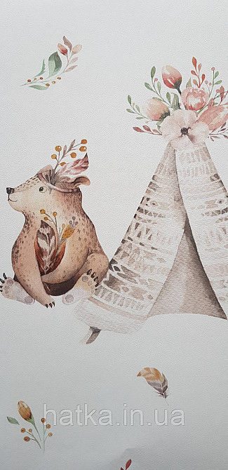 Шпалери флізелінові еко Rasch Kids World II 0.53х10 дитячі ведмедики косулі квіти намету бежеві на білому Київ - фото 1