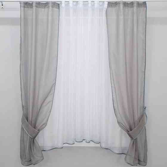 Кухонний комплект VR-Textil № 051к тюль і шторки з підв'язками сірий з білим 280х170 см (50-077) Київ