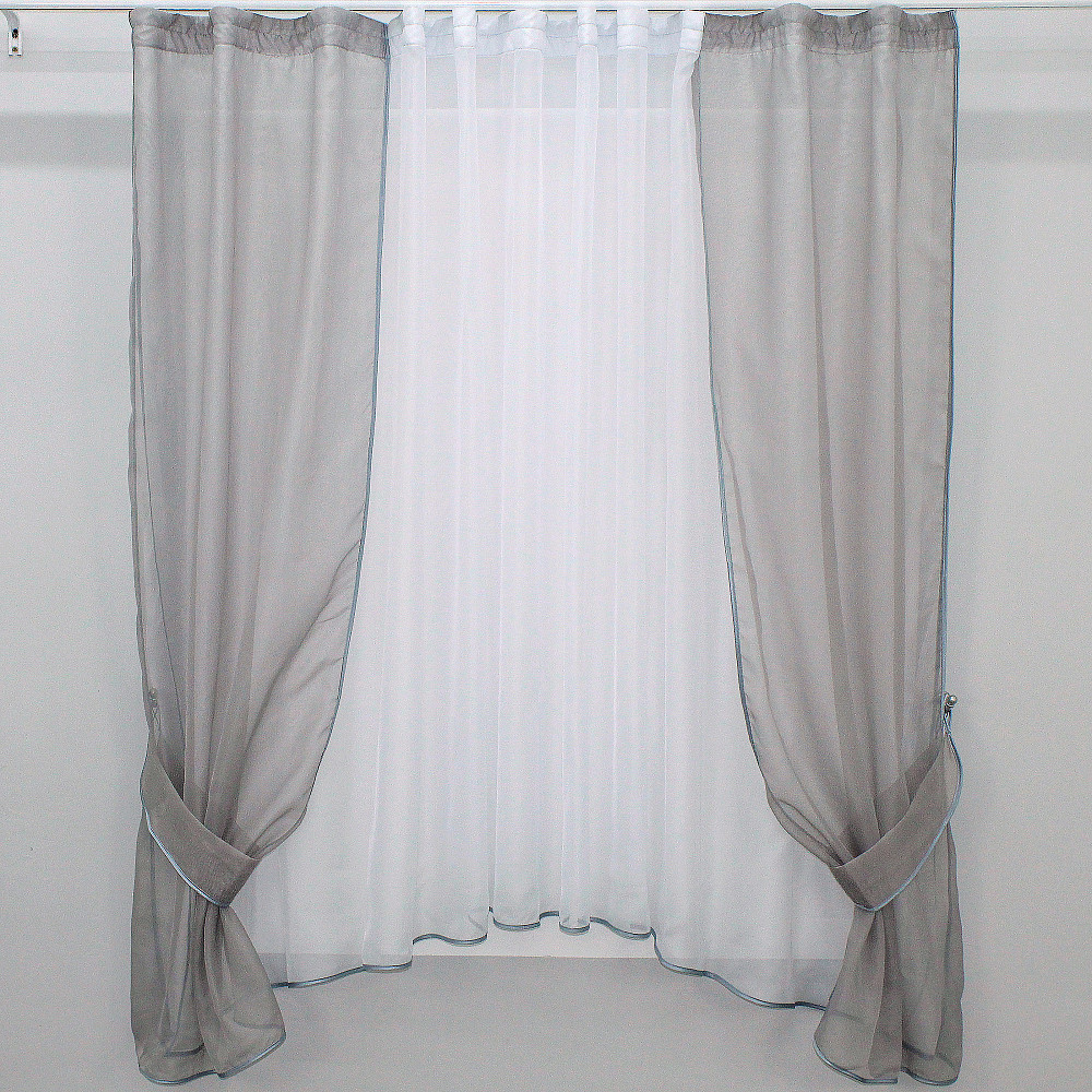 Кухонний комплект VR-Textil № 051к тюль і шторки з підв'язками сірий з білим 280х170 см (50-077) Київ - фото 1