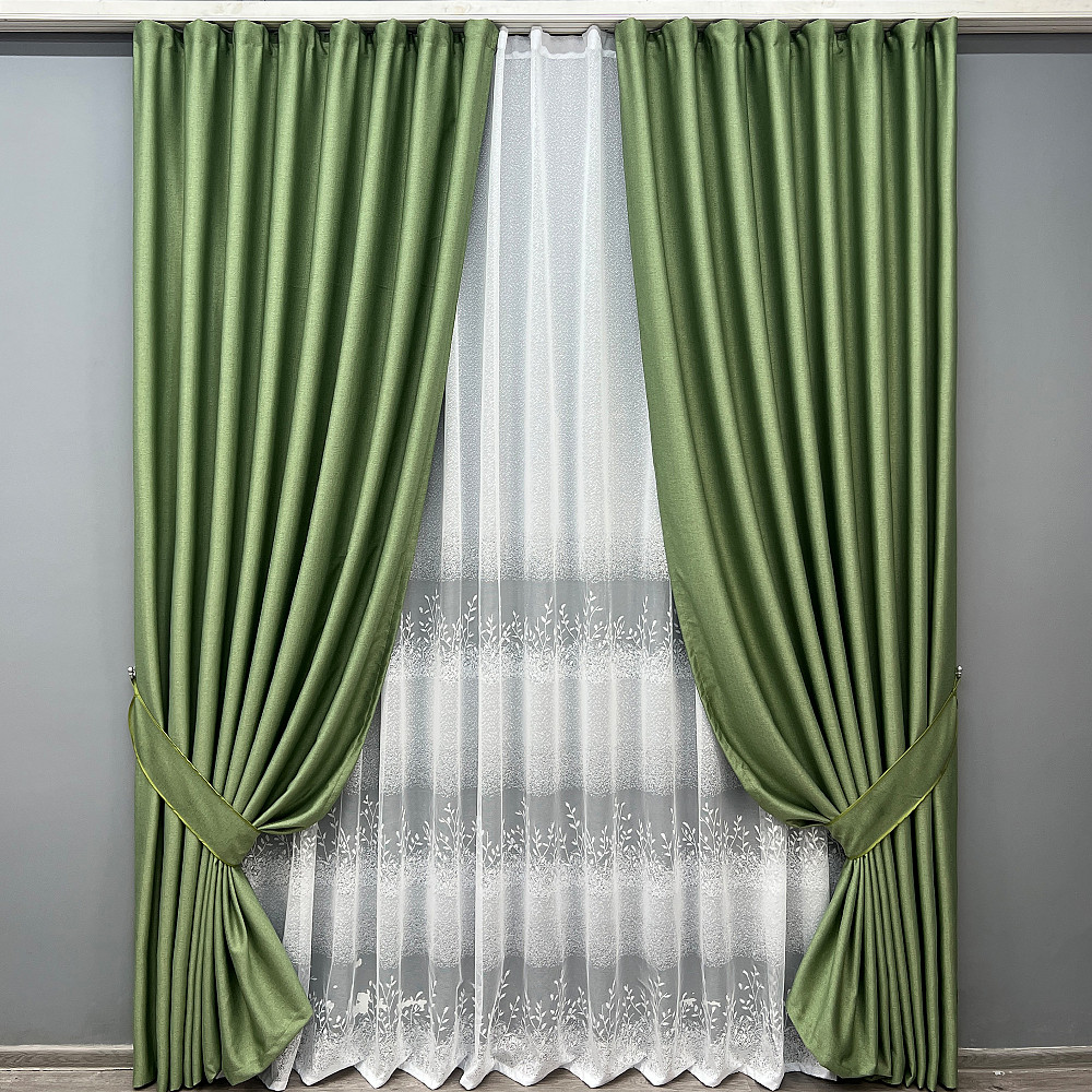 Комплект штор VR-Textil Шеніл 150х270 2шт і Тюль 500х270 1684ш-1680т Зелений з білим 71-199/4 Київ - фото 1
