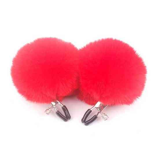 Затискачі для сосків із хутром "Pom Pom Nipple Clamps" - Червоний - Садо-мазо Вінниця