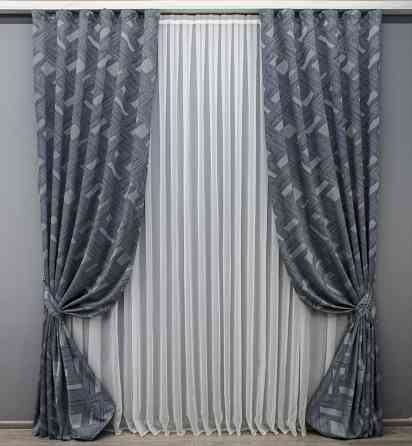 Комплект готовых штор VR-Textil Жаккард Mystery № 1628ш Синий с серым 150х290 см 2 шт (33-0571) Киев