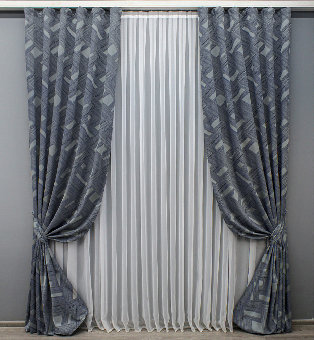 Комплект готовых штор VR-Textil Жаккард Mystery № 1628ш Синий с серым 150х290 см 2 шт (33-0571) Киев - изображение 2