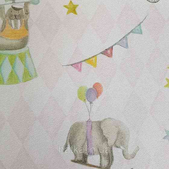 Флізелінові шпалери дитячі BN Doodleedo 0,53 х 10 м цирк тварини слони зайці птиці повітряні кулі рожеві Київ