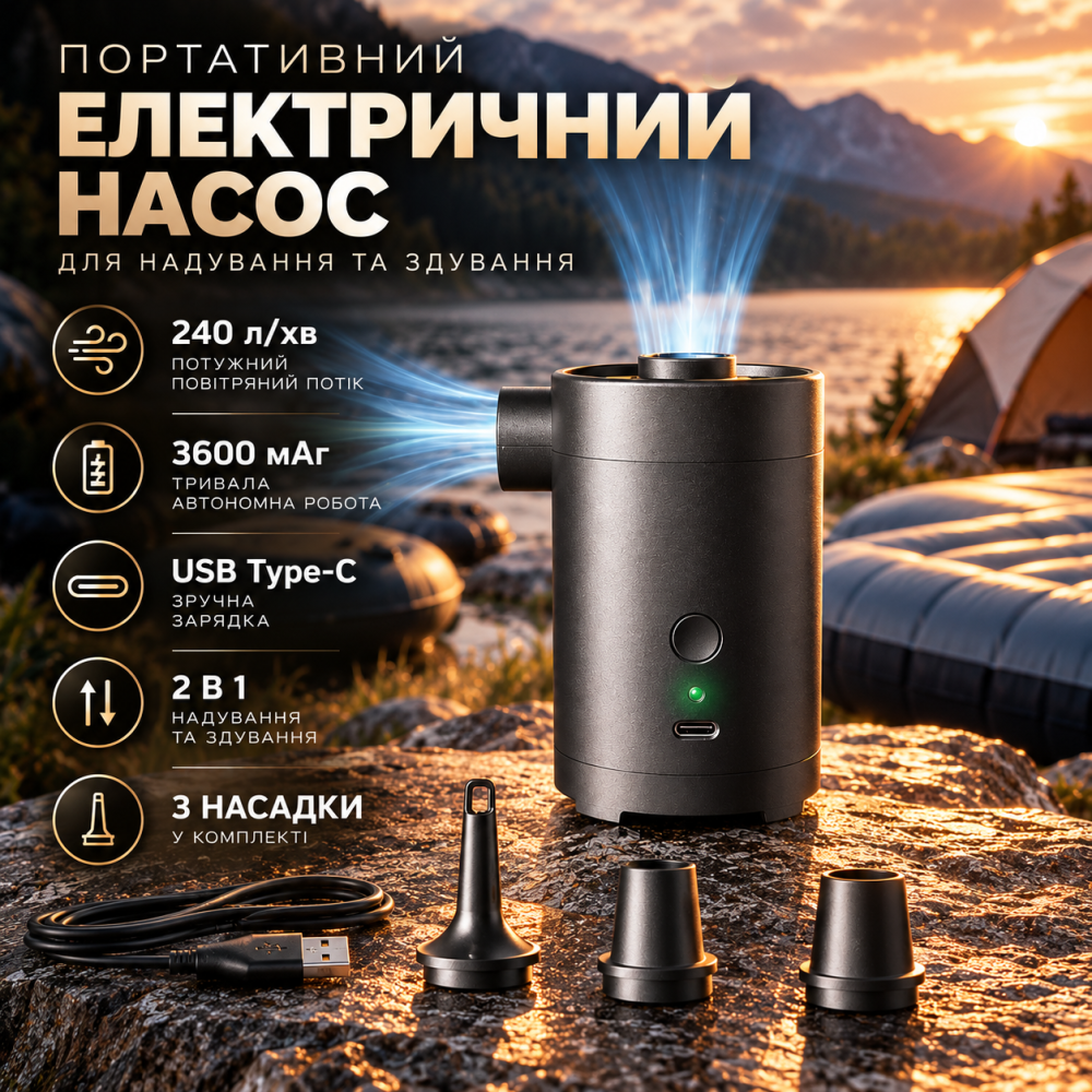 Портативний електричний насос для надування та здування, 3600 мАг, 240 л/хв, USB Type-C, 3 насадки Київ - фото 1