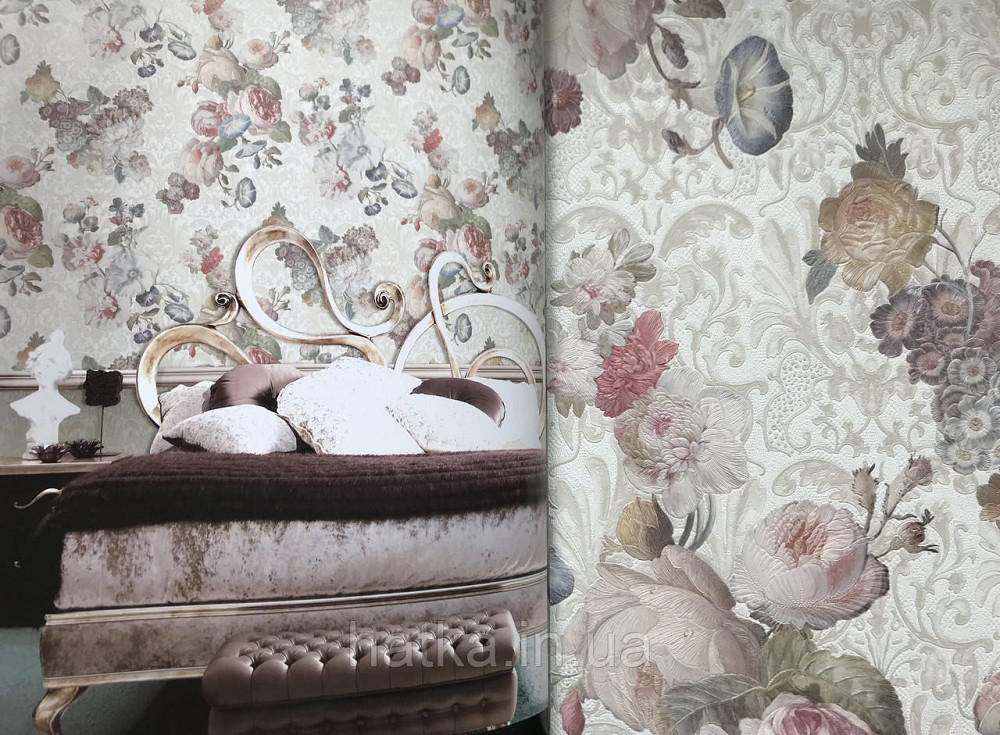 Шпалери метрові вінілові на флізелін Yuanlong Samsara квіти троянди, півонії коричневий кремовий, блакитний на Київ - фото 5