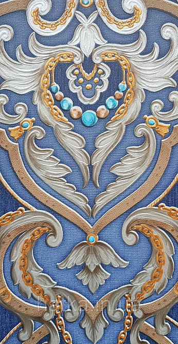 Шпалери вінілові на флізеліні AdaWall Seyyah 1.06х10 вензелю завитки великі структурні золотом на синьому Київ - фото 3