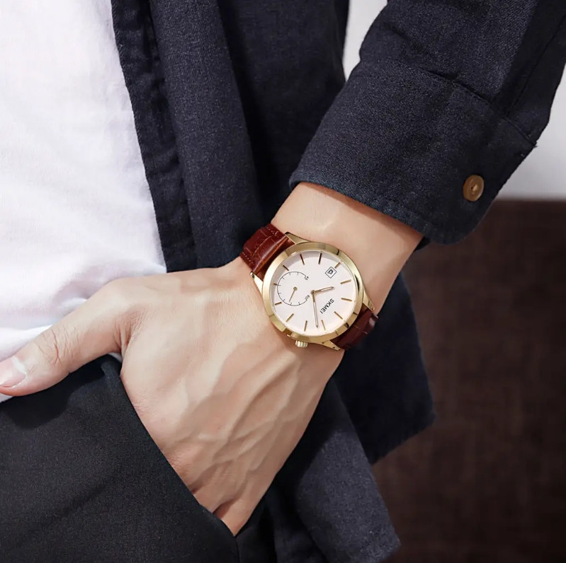 Чоловічий кварцовий годинник Skmei 1581 Prestige коричневі з золотим Вінниця - фото 3