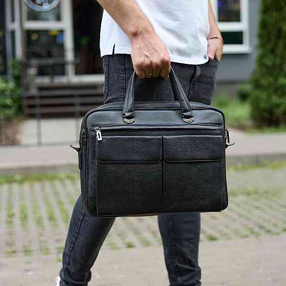 Сумка чоловіча офісна через плече 39х29х10, практичний шкіряний портфель для бізнесу, сумочка для навання, чорний Київ