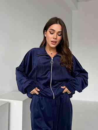 Жіночий прогулянковий костюм-двійка: кофта та штани з турецького велюру Синій, 46/48 Одеса