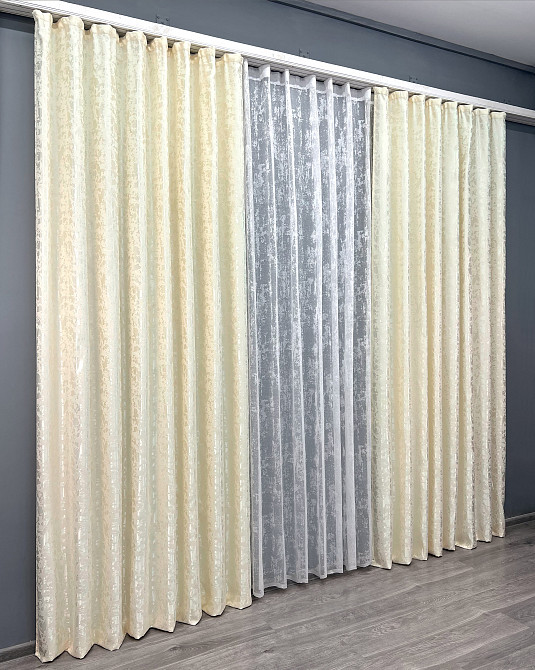 Комплект штор VR-Textil Льон Мармур 150х270 2шт і Тюль 400х270 1908ш-1400т Молочний з білим 71-136/3 Київ - фото 3