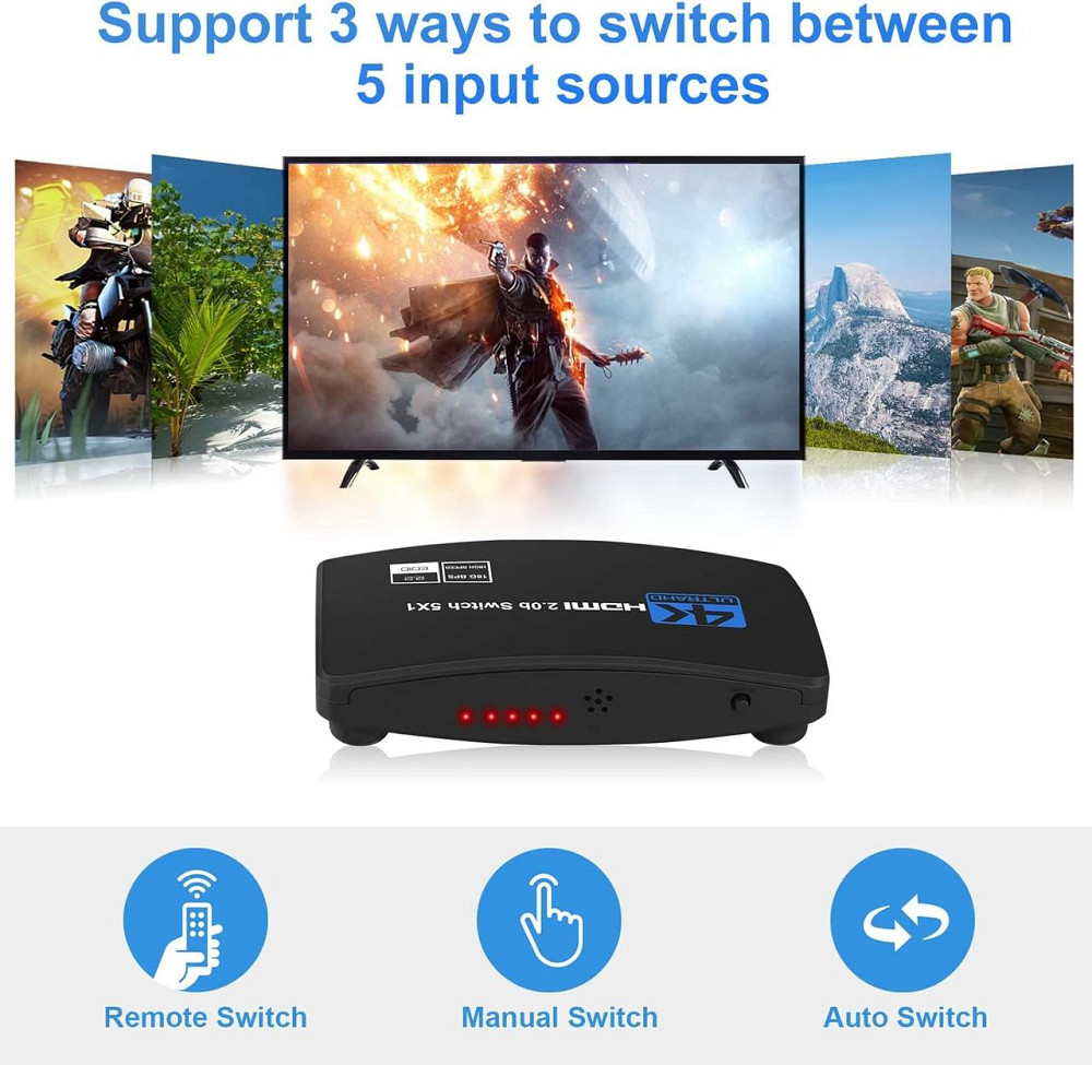 HDMI перемикач NEWCARE на 5 портів з пультом, 4K 60Hz HDMI 2.0b UHD, сумісний з PS5, Apple TV, XBOX, Nintendo Київ - фото 6