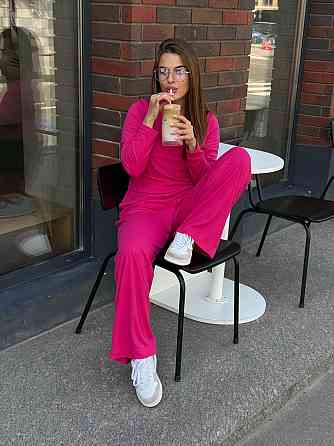 Женский костюм в рубчик с широкими штанами Малиновый XS/S Харьков