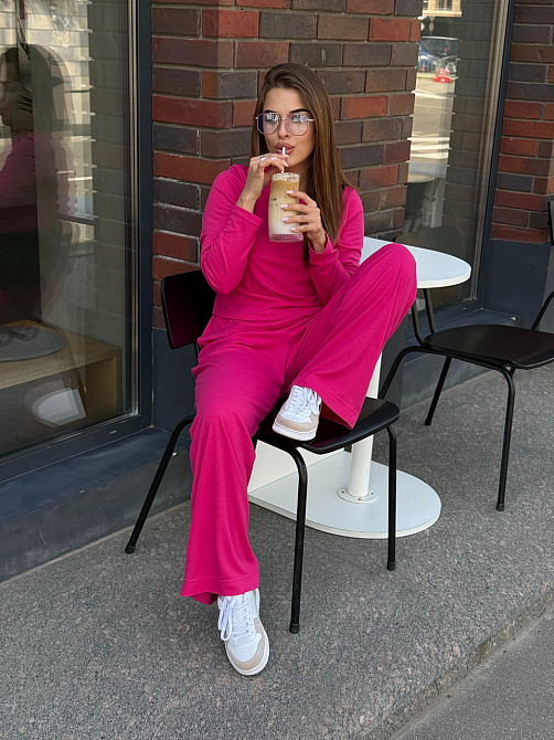 Женский костюм в рубчик с широкими штанами Малиновый XS/S Харьков - изображение 1