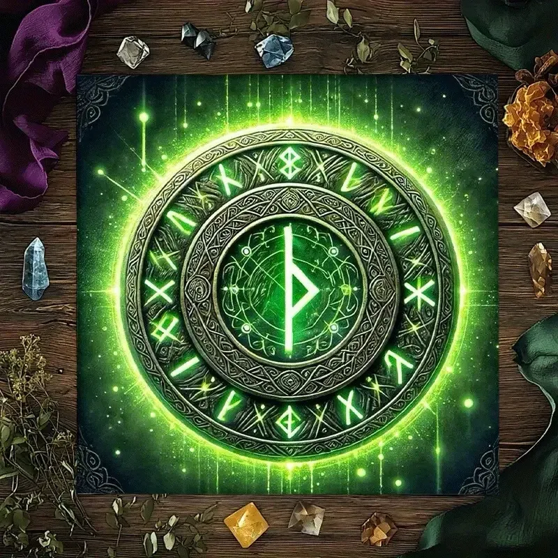 Скатерть для Таро и рун 75×75 см – магический зеленый рунический круг, алтарный текстиль для ритуалов и гадани Киев - изображение 1