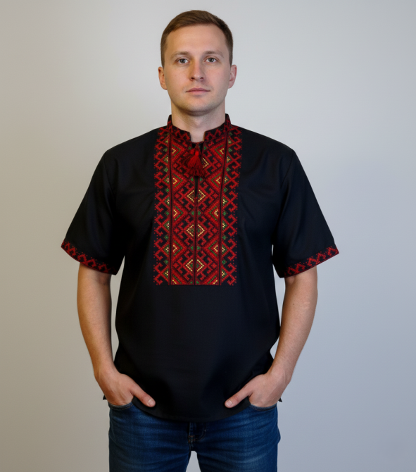 Черная мужская вышиванка из домотканого полотна 60 Киев - изображение 1