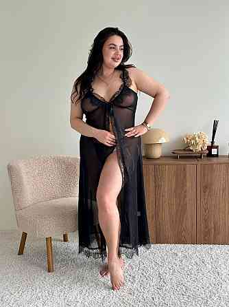 Еротичний пеньюар великих розмірів plus size прозорий з мереживом довгий з розрізом на бретелях з трусиками чорний 2XL Одеса