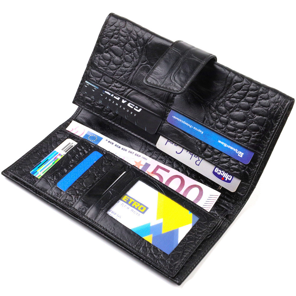 Красивое вертикальное мужское портмоне из натуральной кожи с тиснением под крокодила CANPELLINI 21844 Черное Киев - изображение 3