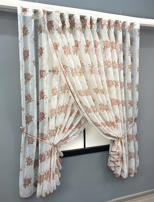 Кухонные шторки VR-Textil № 101к с подвязками Белый с пудровым 320х170 см (52-1212) Киев - изображение 2