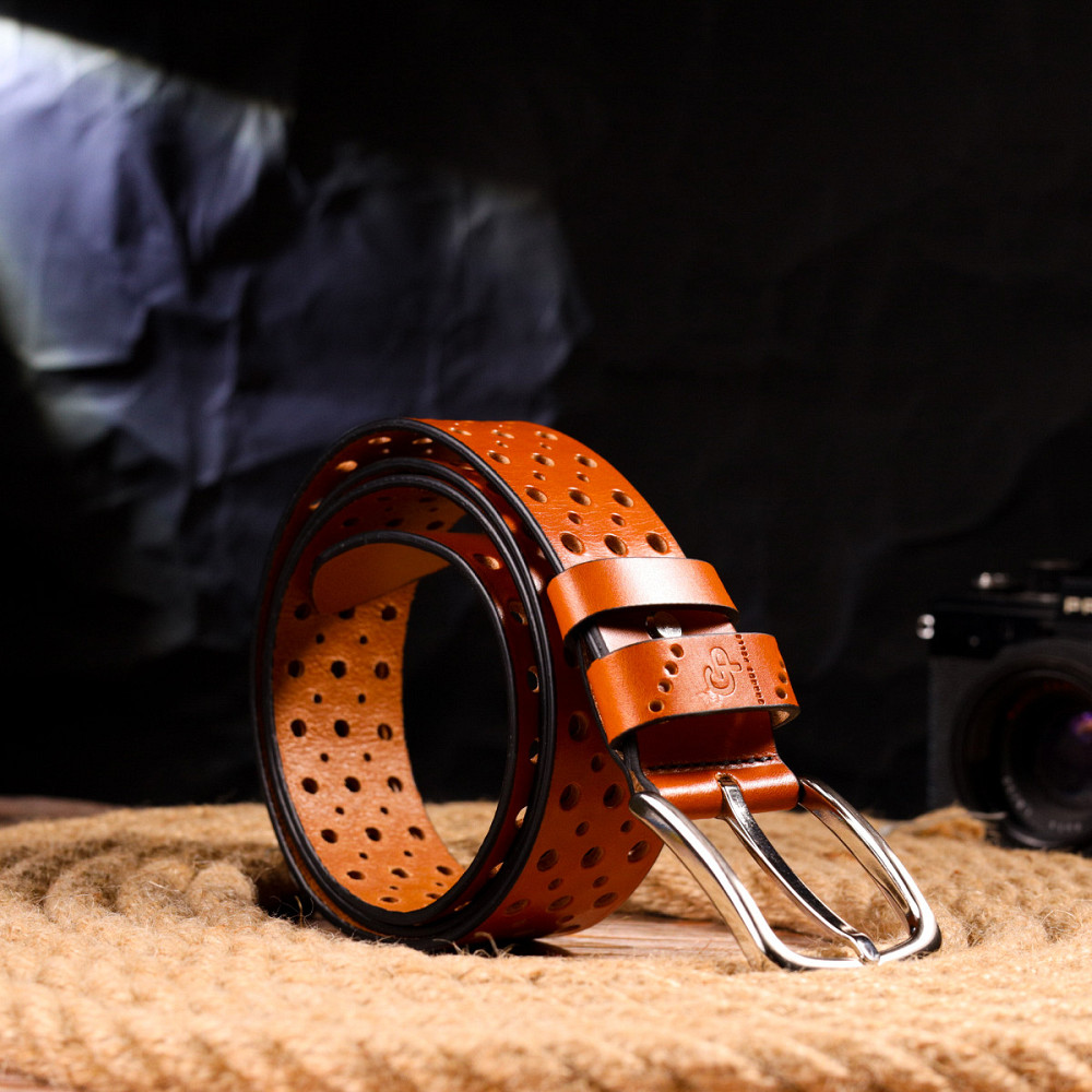 Интересный ремень унисекс с перфорацией из натуральной кожи Grande Pelle 21474 Рыжий Киев - изображение 8